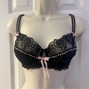 Adore Me Black Lace Bra Pink Bows 32DDD y2k